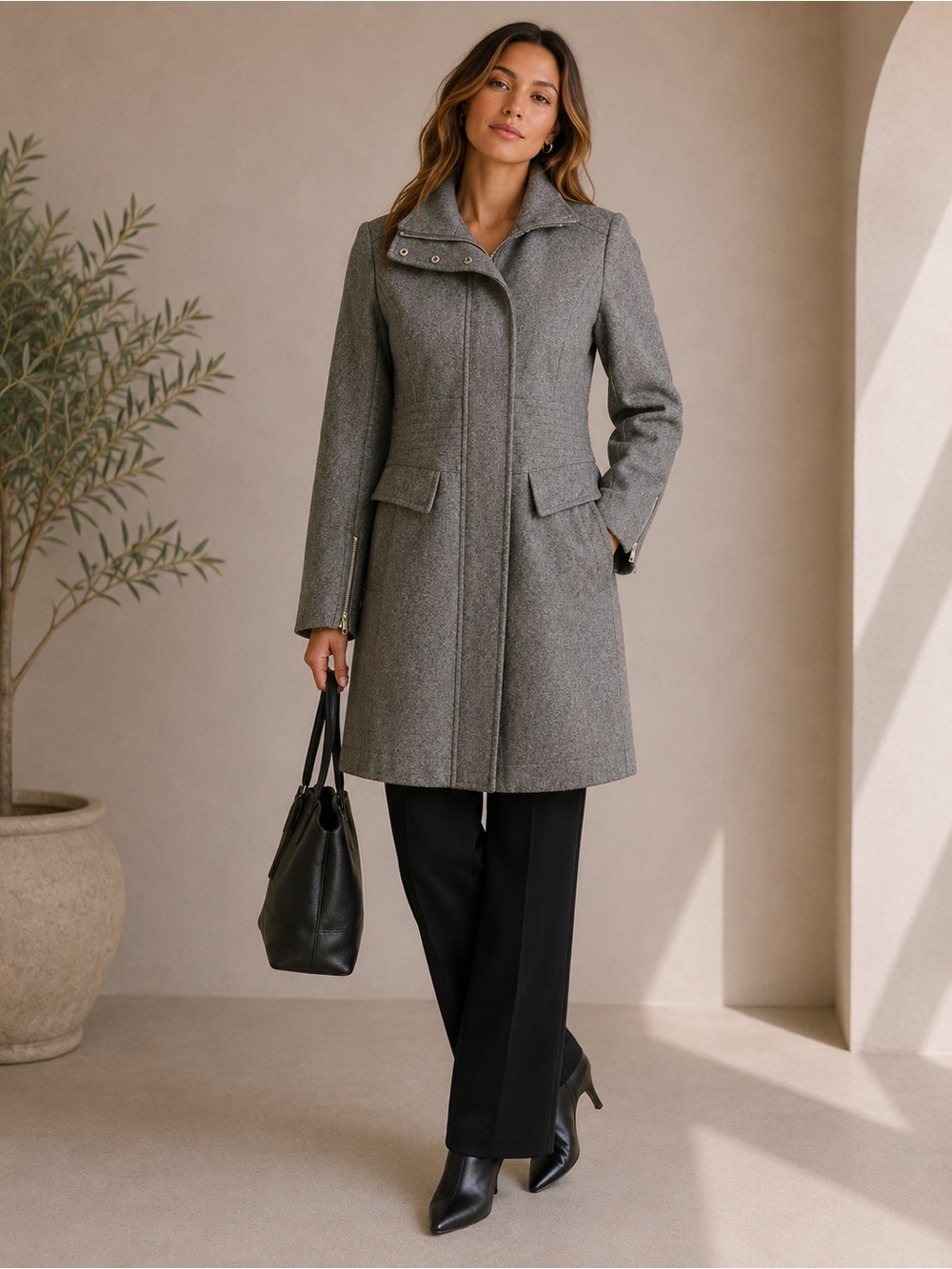 Kenneth Cole New York Gray Wool Blend Asymmetrical Zip Walking Coat Size 6